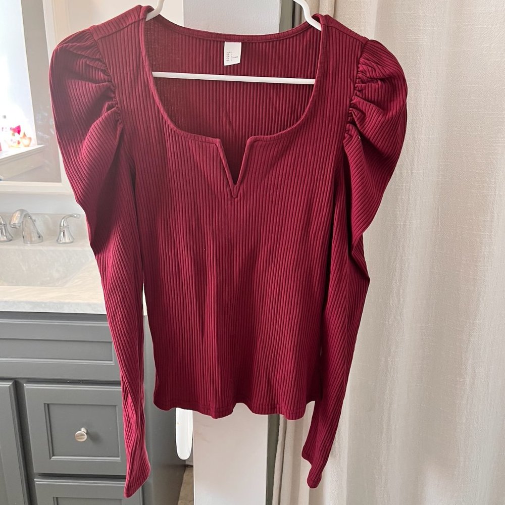 Floerns Women's Burgundy Solid Square Neck Puff Long Sleeve Ribbed Shirt